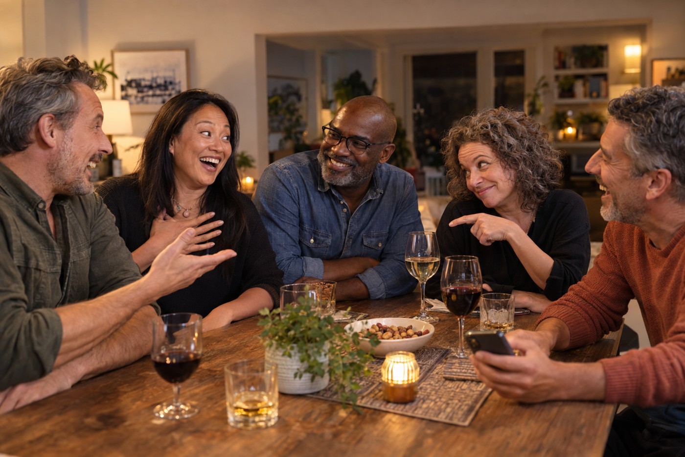 A group of friends laughing together around a table at a party